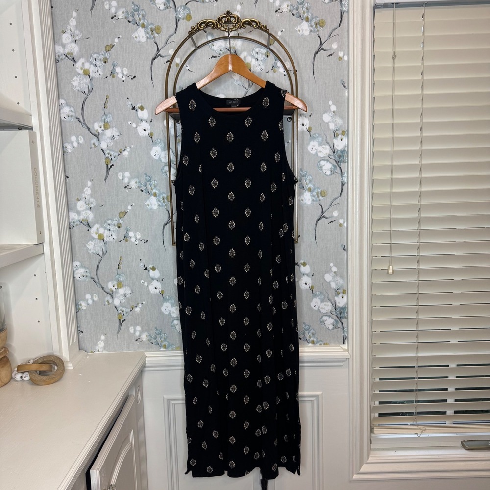J. Jill Wearever Black Print Sleeveless Midi Dress Large Petite LP